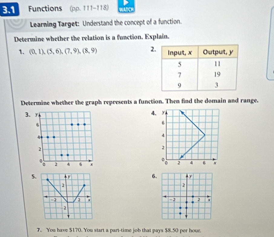 3.1 Functions (pp. 111-118) WATCH 
Learning Target: Understand the concept of a function. 
Determine whether the relation is a function. Explain. 
2 
1. (0,1),(5,6), (7,9), (8,9)
Determine whether the graph represents a function. Then find the domain and range.
34
5 、 y 6、 y
2
2
-2 2
-2 2 x x
-2
7. You have $170. You start a part-time job that pays $8.50 per hour.