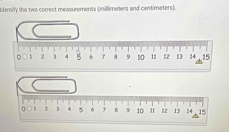 Identify the two correct measurements (millimeters and centimeters).