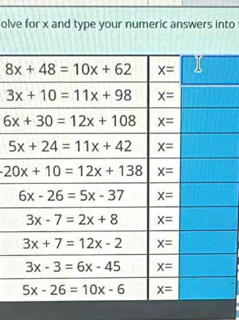 olve for x and type your numeric answers into