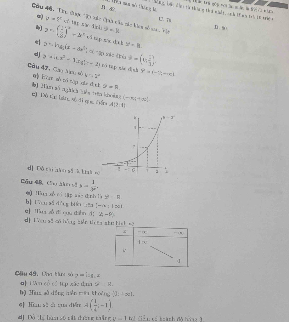 trên sau số tháng là
g thức trả góp với lãi suất là 9%/1 năm
B. 82.
Al tháng, bắt đầu từ tháng thứ nhất, anh Bình trả 10 triệu
Câu 46. Tìm được tập xác định của các hàm số sau. Vậy
a) y=2^x có tập xác định 9=R.
C.79. D. 80.
b) y=( 1/3 )^x+2e^x có tập xác định 9=R.
c) y=log _2(x-3x^2) có tập xác định  enclosecircle2=(0; 1/3 ).
d) y=ln x^2+3log (x+2) có tập xác định 9=(-2;+∈fty ).
Câu 47. Cho hàm số y=2^x.
d) Hàm số có tập xác định 9=R.
b) Hàm số nghịch biến trên khoảng (-∈fty ;+∈fty ).
c) Đồ thị hàm số đi qua điểm A(2;4).
d) Đồ thị hàm số là hình 
Câu 48. Cho hàm số y= 1/3^x .
d) Hàm số có tập xác định là g=R.
b) Hàm số đồng biến trên (-∈fty ;+∈fty ).
c) Hàm số đi qua điểm A(-2;-9).
d) Hàm số có bảng biến thiên như hình vē
Câu 49. Cho hàm số y=log _4x
d) Hàm số có tập xác định 9=R.
b) Hàm số đồng biến trên khoảng (0;+∈fty ).
c) Hàm số đi qua điểm A( 1/4 ;-1).
d) Đồ thị hàm số cắt đường thẳng y=1 tại điểm có hoành độ bằng 3.