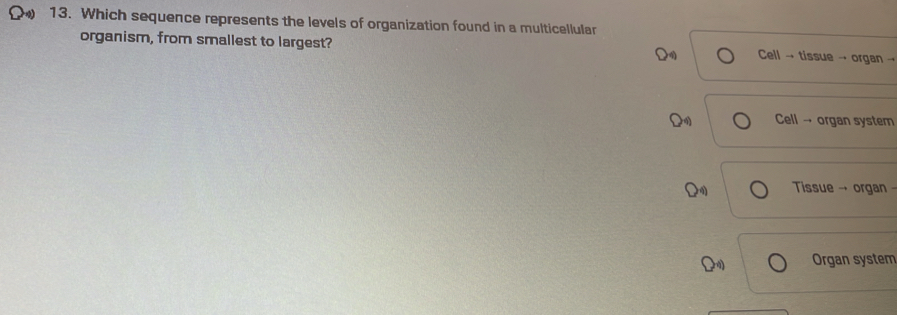 Which sequence represents the levels of organization found in a multicellular
organism, from smallest to largest? Cell → tissue → organ →
Cell → organ system
Tissue → organ -
Organ system