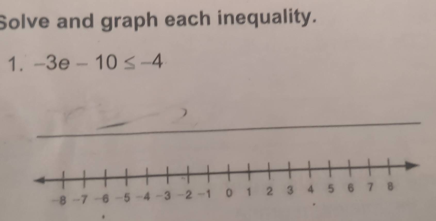 Solve and graph each inequality. 
1. -3e-10≤ -4