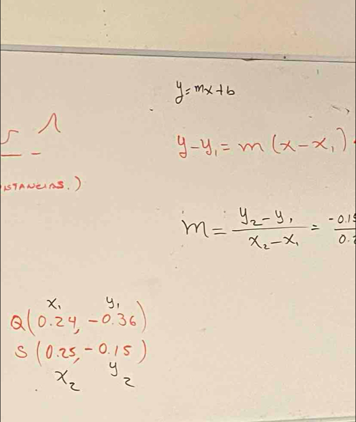 y=mx+b
y-y_1=m(x-x_1)
1TANEAS. )
m=frac y_2-y_1x_2-x_1= (-0.15)/0.8 
Q(0.(_2)^(x_1)4,-0.dot 36)
S(0.25,-0.15)
x_2 J 
2