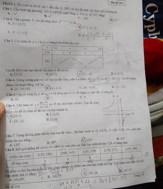 Mã đề 104
PHÀN I. Thí sinh trà lời từ câu 1 đến câu 12. Mỗi câu hỏi thí sinh chi chọn một phương án,
Câu 1. Cho hình lập phương ABCD.EFGH cạnh bằng a. Giả trị overline AC.overline EG bàng:
A. -a^2. B. a^2. C. -2a^2. D. 2a^2.
Câu 2. Tập nghiệm S của phương trình S= 2;5 . 2^(x^2)+7x+10=1 là:
A.
B. S= -5;-2 .
C. S= -5;2 .
D. S=  (-7-sqrt(13))/2 ; (-7+sqrt(13))/2  .
Câu 3. Cho hàm số y=f(x) có bảng biển thiên 
Tọa độ điểm cực đại ồ ị m số đã cho là
A. (2;0). B. (0;2). C (3;-4). D. (-4;3).
Câu 4. Trong không gian với hệ trục tọa độ Oxyz, cho hai điểm A(1;2;-3) và B(7;-14;11) Tọa độ trung
điểm của đoạn thẳng AB là:
A. (6;-16;14). B. (4;-6;4). C. (8;-12;8). D. (3;-1;1).
Câu 5. Cấp số cộng (u_n) có u_1=1 và cōng sai d=3. Số hạng #, của cấp số cộng là:
A. 10. B. 7. C. 9.
Câu 6, Cho hàm số y= (ax+b)/cx+d  có đồ thị như hình vẽ bên. Tọa độ giao
điểm của đồ thị hàm số đã cho và trục hoành là:
A. (0;2). B. (-2;0).
C. (0;-2). D. (2;0).
Câu 7. Trong không gian với hệ trục tọa độ Oxyz, cho hai vectơ vector u=(-1;1;0),vector v=(0;-1;0). Góc giữa hai
vectơ đã cho bằng: B. 60°. 135°. D. 45°.
120°.
học sinh nữ lớp 12A ở bảng sau:
Tứ phân vị thứ ba của mẫu số liệu g
D. 167.97.
thập phân thứ 2) bằng:
Trang 1/4
A. 160, 69. B. 168,59. C. 166,24.
Mã đề 104