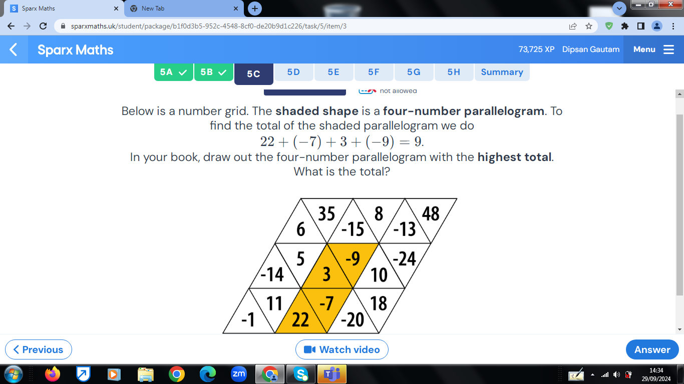 Sparx Maths New Tab 
sparxmaths.uk/student/package/b1f0d3b5-952c-4548-8cf0-de20b9d1c226/task/5/item/3 
Sparx Maths 73,725 XP Dipsan Gautam Menu 
5A 5B 5C 5D 5E 5F 5G 5H Summary 
allowed 
Below is a number grid. The shaded shape is a four-number parallelogram. To 
find the total of the shaded parallelogram we do
22+(-7)+3+(-9)=9. 
In your book, draw out the four-number parallelogram with the highest total. 
What is the total?