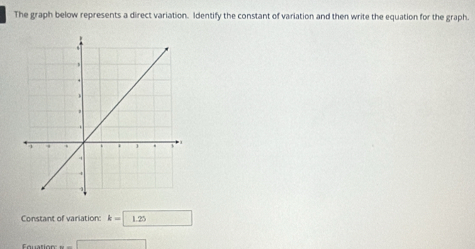 The graph below represents a direct variation. Identify the constant of variation and then write the equation for the graph. 
Constant of variation: k=□ 1.25
Fquation: u=□