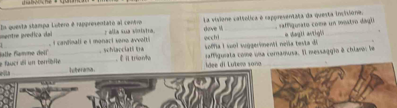 In questa stampa Lutero è rappresentató al centro La visione cattolica é rappresentata da questa incisione. 
mentre prédica dal _ 7 álla sua sinistra. dove l_ _ raffigurato come un mostro dagli 
I cardinali e i monaci sono avvolti occhi agli artigli 
Galle Gamme dell' schiacciati tra soffía í suei suggerimenti nella testa di 
_ 
e faucr di un terribile _, É il trienfo raffigurata come una cornamusa. Il messaggio é chiaro: le 
ella_ luterana. idee di Lutero sono