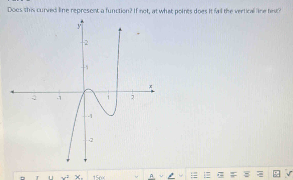 Does this curved line represent a function? If not, at what points does it fail the vertical line test? 
U x^2 X_2 15ox
A