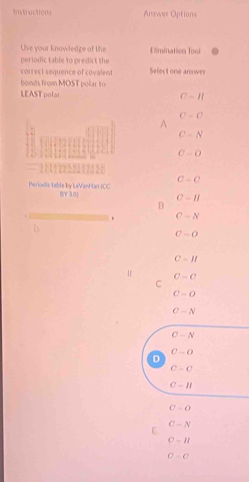 Instructions Answer Options
Use your knowledge of the Elimination Tool
periodic table to predict the
correct sequence of covalent Select one answer
bonds from MOST polar to
LEAST polar.
C-H
C=C
A
C=N
C=O

C-C
Periodic table by LeVanHan (CC
BY 3.0) C-B
B
C-N
C-O
C-H
|| C=C
C
C=O
C-N
C-N
C=O
D
c-o
C-II
C=O
C-N
C
C-11
C=C