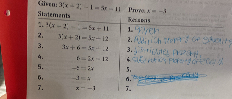 Given: 3(x+2)-1=5x+11 Prove: x=-3