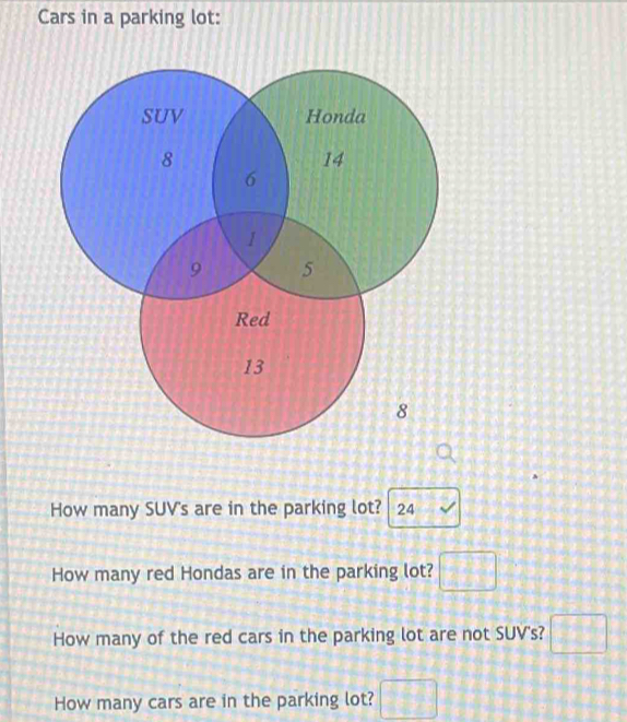 Cars in a parking lot: 
How many SUV's are in the parking lot? 24 
How many red Hondas are in the parking lot? □ 
How many of the red cars in the parking lot are not SUV's? □ 
How many cars are in the parking lot? □