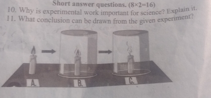 Short answer questions. 
10. Why is experimental work important for science? Explain it. (8* 2=16)
11. What conclusion can be drawn from the given experiment?