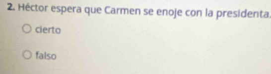 Héctor espera que Carmen se enoje con la presidenta.
cierto
falso