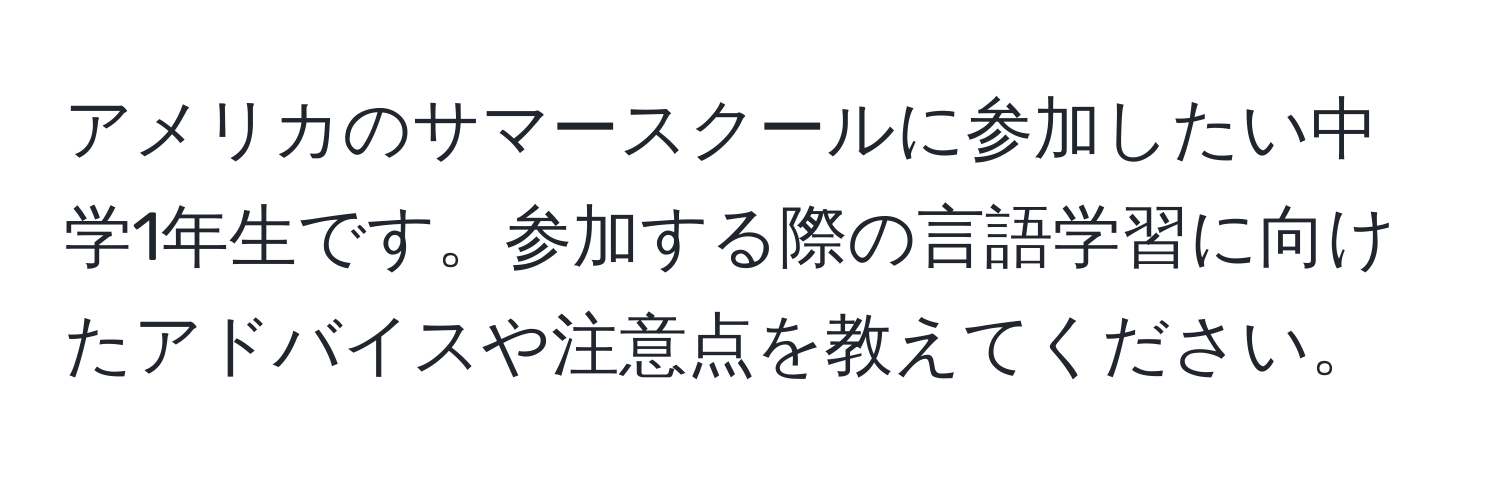 アメリカのサマースクールに参加したい中学1年生です。参加する際の言語学習に向けたアドバイスや注意点を教えてください。
