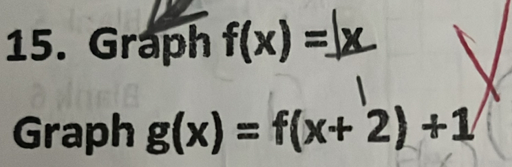 Graph f(x)=_ |x
Graph g(x)=f(x+2)+1