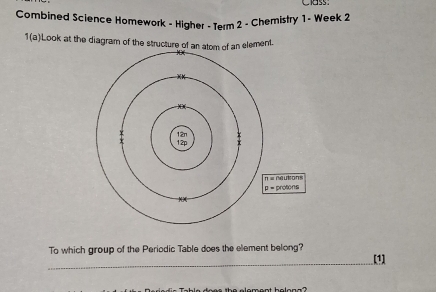 Class:
Combined Science Homework - Higher - Term 2 - Chemistry 1 - Week 2
1(a) Look at the diagram of the structure of anan element.
To which group of the Periodic Table does the element belong?
_
[1]
e  d ese th e eloment bolon a ?