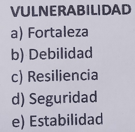 VULNERABILIDAD
a) Fortaleza
b) Debilidad
c) Resiliencia
d) Seguridad
e) Estabilidad