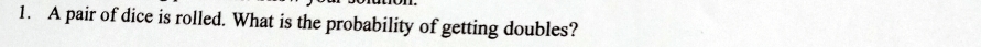 A pair of dice is rolled. What is the probability of getting doubles?