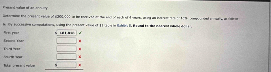 Present value of an annuity 
Determine the present value of $200,000 to be received at the end of each of 4 years, using an interest rate of 10%, compounded annually, as follows: 
a. By successive computations, using the present value of $1 table in Exhibit 5. Round to the nearest whole dollar. 
First year
Second Year
Third Year
Fourth Year beginarrayr □ x □ x hline □ x hline □ x hline endarray
Total present value