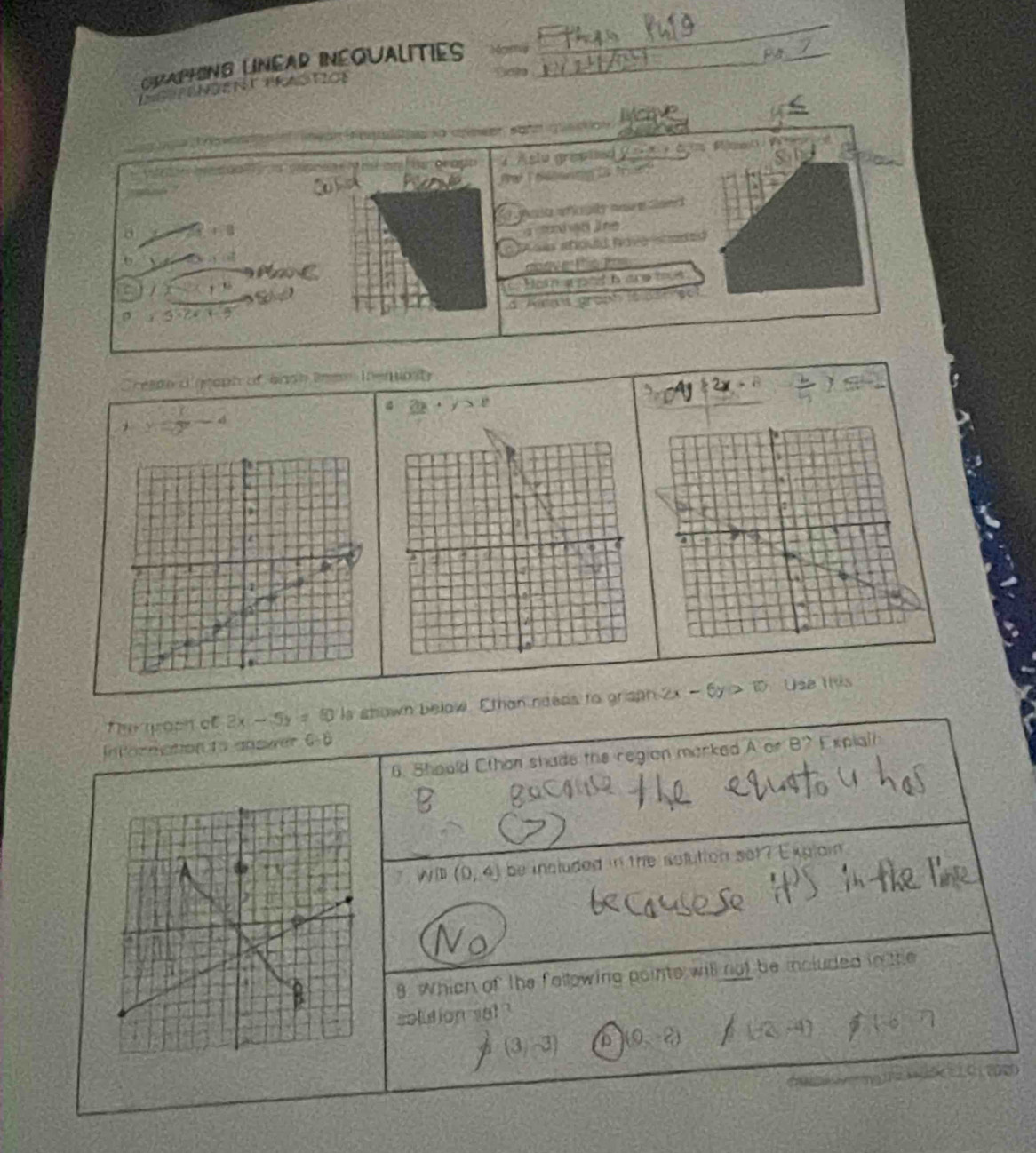 CRAPHING LINEAR INEQUALITIES_
_
_
a
IMCI h 
Ce la cer sanm g o
* Vt I o ac ia t e nst en fu or ago 4 Aslu grepled ( ， d m fmen W
Pal Folerng f fat
eite aaplty nsu en camrd
a x:a
ta yài jǐne
oes atould Aove staded
-y-(x^2)
a e C g
C 
Hoin a pod àare m t
d Amans granh to pam pot
1.5* 2.5
Sresan digraph of anch te Thenuosty
2x+7
4
The graph of 2x-5y=80 IIs shown below. Ethan needs to griaph 2x - 6y > 10. Use this
Infornation to answer 6-6
6. Should Cthan shade the region marked A or B? Explalh
7 N (0,4) be included in the solution set? Explain
8. Which of the fallowing points will not be ioluded in the
solution set?
(3/-3) D (0,-2)
Ma ng ] za