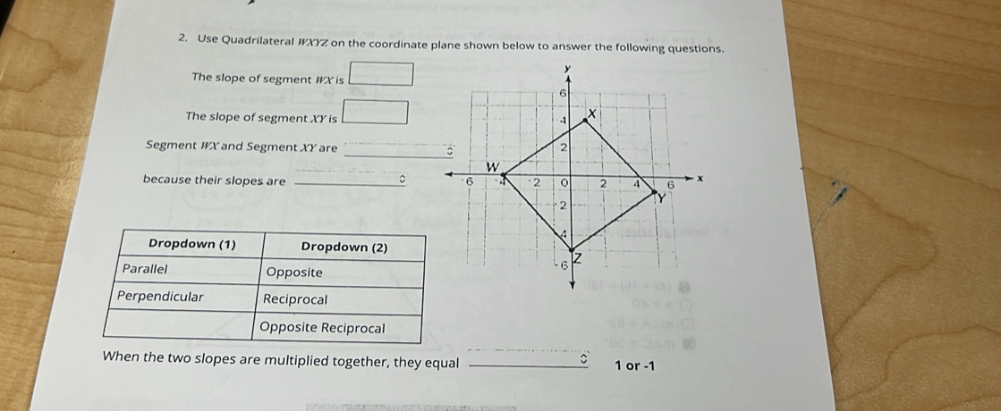 Use Quadrilateral WXYZ on the coordinate plane shown below to answer the following questions. 
The slope of segment #X is □
The slope of segment XY is □
Segment WX and Segment XY are _ 
because their slopes are _ 
。 
C 
When the two slopes are multiplied together, they equal _ 1 or -1