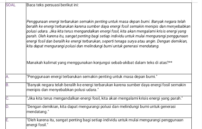 SOAL Baca teks persuasi berikut ini: 
A 
B 
C 
D 
E 
energi fosil."