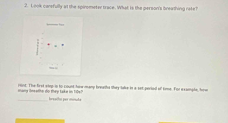 Look carefully at the spirometer trace. What is the person's breathing rate? 
Trace 
l
2
17 0 
Hint: The first step is to count how many breaths they take in a set period of time. For example, how 
many breaths do they take in 10s? 
_breaths per minute