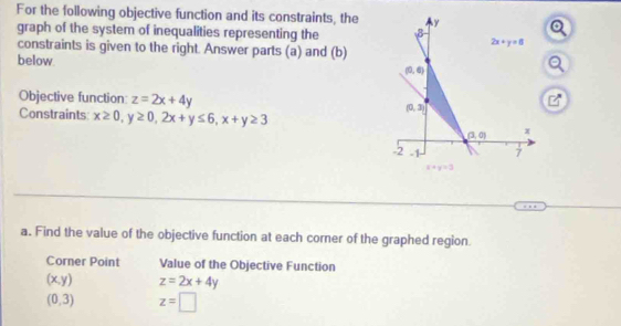 For the following objective function and its constraints, the
graph of the system of inequalities representing the
constraints is given to the right. Answer parts (a) and (b)
below.
Objective function z=2x+4y
7
Constraints: x≥ 0,y≥ 0,2x+y≤ 6,x+y≥ 3
a. Find the value of the objective function at each corner of the graphed region.
Corner Point Value of the Objective Function
(x,y) z=2x+4y
(0,3) z=□