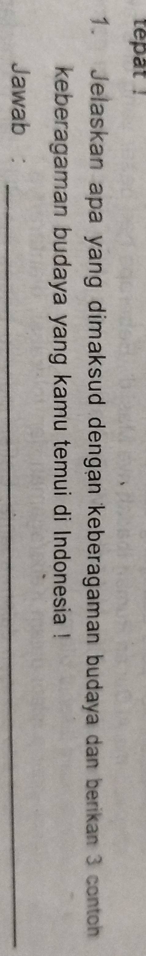 tepat ! 
1. Jelaskan apa yang dimaksud dengan keberagaman budaya dan berikan 3 conton 
keberagaman budaya yang kamu temui di Indonesia ! 
Jawab :_