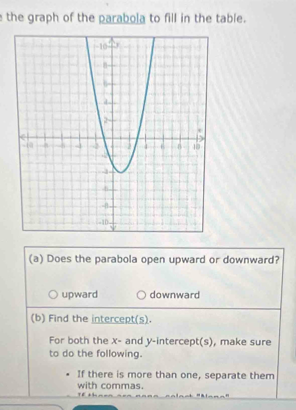 the graph of the parabola to fill in the table.
(a) Does the parabola open upward or downward?
upward downward
(b) Find the intercept(s).
For both the x - and y-intercept(s), make sure
to do the following.
If there is more than one, separate them
with commas.