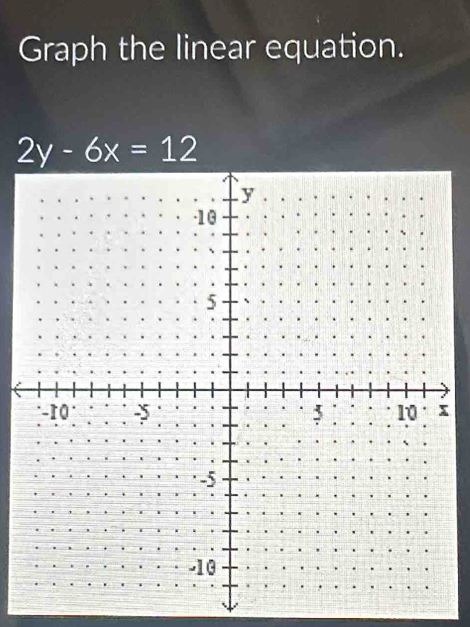 Graph the linear equation.
2y-6x=12