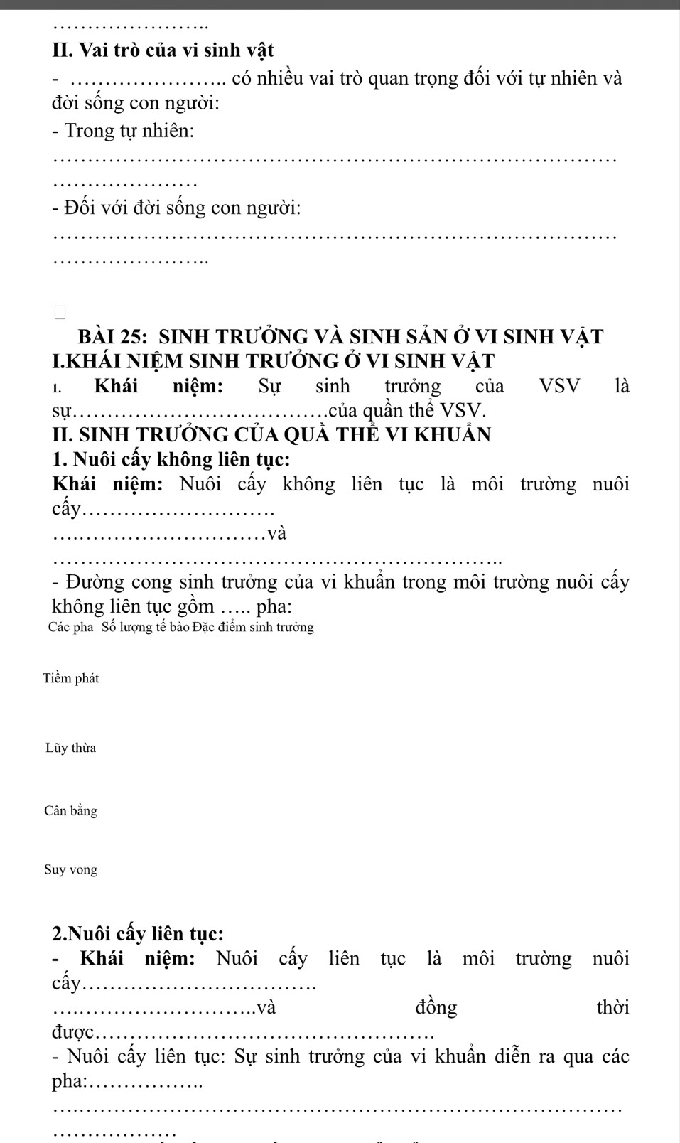 Vai trò của vi sinh vật 
_có nhiều vai trò quan trọng đối với tự nhiên và 
đời sống con người: 
- Trong tự nhiên: 
_ 
_ 
- Đối với đời sống con người: 
_ 
_ 
bàI 25: SINH TRưởNG vÀ SINH SảN ở vI sINH vật 
I.KHÁI NIỆM SINH TRƯởNG ở VI SINH VậT 
1. Khái niệm: Sự sinh trưởng của VSV là 
sự ._ .của quần thể VSV. 
II. SINH TRưỞNG CủA QUÀ THÊ VI KHUÂN 
1. Nuôi cấy không liên tục: 
Khái niệm: Nuôi cấy không liên tục là môi trường nuôi 
cấy_ 
_và 
_ 
_ 
_ 
- Đường cong sinh trưởng của vi khuẩn trong môi trường nuôi cấy 
không liên tục gồm …... pha: 
Các pha Số lượng tế bào Đặc điểm sinh trưởng 
Tiềm phát 
Lũy thừa 
Cân bằng 
Suy vong 
2.Nuôi cấy liên tục: 
- Khái niệm: Nuôi cấy liên tục là môi trường nuôi 
cấy._ 
_và đồng thời 
được._ 
- Nuôi cấy liên tục: Sự sinh trưởng của vi khuẩn diễn ra qua các 
pha:_ 
_ 
_