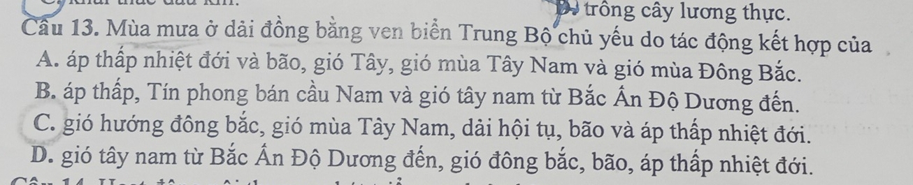 trông cây lương thực.
Câu 13. Mùa mưa ở dài đồng bằng ven biển Trung Bộ chủ yếu do tác động kết hợp của
A. áp thấp nhiệt đới và bão, gió Tây, gió mùa Tây Nam và gió mùa Đông Bắc.
B. áp thấp, Tín phong bán cầu Nam và gió tây nam từ Bắc Ấn Độ Dương đến.
C. gió hướng đông bắc, gió mùa Tây Nam, dải hội tụ, bão và áp thấp nhiệt đới.
D. gió tây nam từ Bắc Ấn Độ Dương đến, gió đông bắc, bão, áp thấp nhiệt đới.