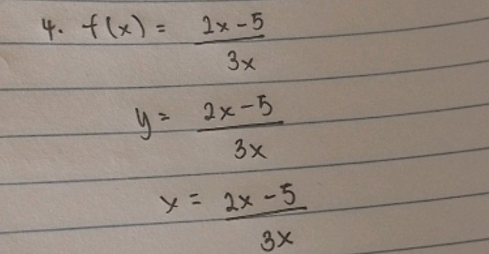 f(x)= (2x-5)/3x 
y= (2x-5)/3x 
x= (2x-5)/3x 