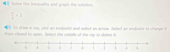 Solve the inequality and graph the solution.
 n/2 >2
To draw a ray, plot an endpoint and select an arrow. Select an endpoint to change it 
from closed to open. Select the middle of the ray to delete it.