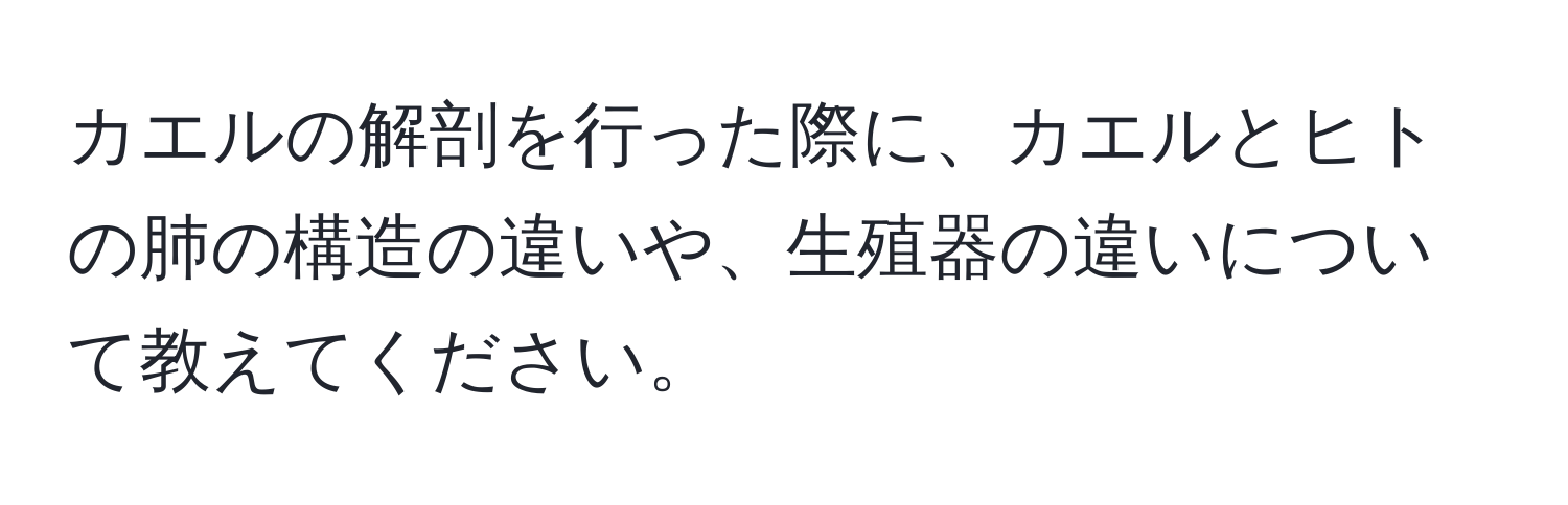 カエルの解剖を行った際に、カエルとヒトの肺の構造の違いや、生殖器の違いについて教えてください。