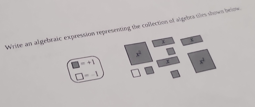 Write an algebraic expression representing the collection of algebra tiles shown below
x x
x^2
□ =+1
x x^2
□ =-1