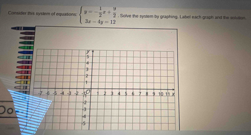 Consider this system of equations: beginarrayl y=- 1/2 x+ 9/2  3x-4y=12endarray. , Solve the system by graphing. Label each graph and the solution.