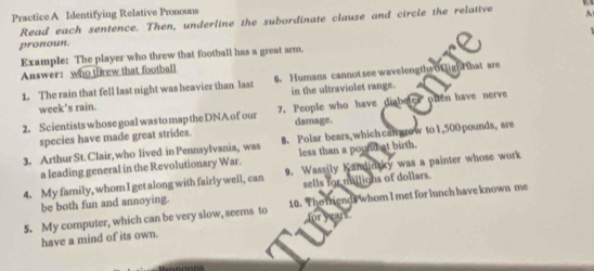 Practice A Identifying Relative Pronouns
Read each sentence. Then, underline the subordinate clause and circle the relative A
pronoun.
Example: The player who threw that football has a great arm.
Answer: who threw that football
1. The rain that fell last night was heavier than last 6. Humans cannot see wavelengths of high that are
week's rain. in the ultraviolet range.
2. Scientists whose goal was to map the DNA of our 7. People who have diabeles often have nerve
damage.
species have made great strides.
3. Arthur St. Clair, who lived in Pennsylvania, was B. Polar bears,which calgrow to1, 500pounds, are
a leading general in the Revolutionary War. less than a pound at birth.
4. My family, whom I get along with fairly well, can 9. Wassily Kamdinsky was a painter whose work
be both fun and annoying. sells for mulligns of dollars.
5. My computer, which can be very slow, seems to 10. The friends whom I met for lunch have known me
for years.
have a mind of its own.