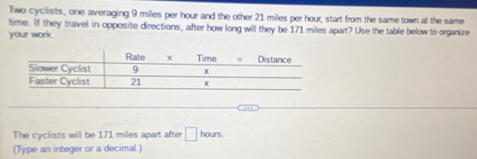 Two cyclists, one averaging 9 miles per hour and the other 21 miles per hour, start from the same town at the same 
time. If they travel in opposite directions, after how long will they be 171 miles apart? Use the table below to organize 
your work. 
The cyclists will be 171 miles apart after □ hours. 
(Type an integer or a decimal.)