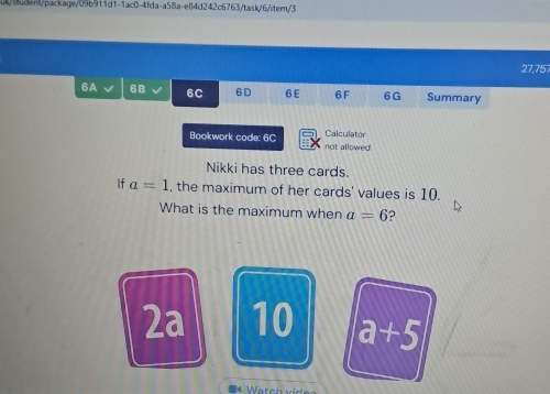 a=1 , the maximum of her cards' values is 10.
What is the maximum when a=6
2a 10 a+5