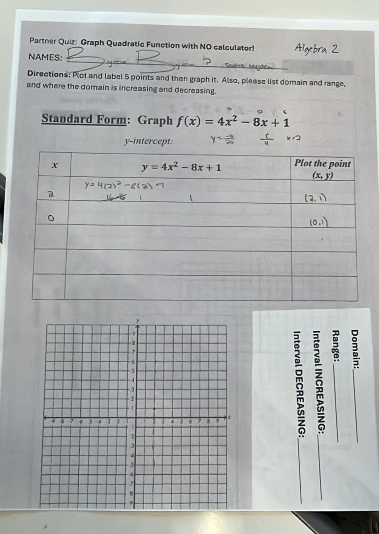 Partner Quiz: Graph Quadratic Function with NO calculator!
NAMES:
Directions: Plot and label 5 points and then graph it. Also, please list domain and range,
and where the domain is increasing and decreasing.
Standard Form: Graph f(x)=4x^2-8x+1
y-intercept:
。 ō  B