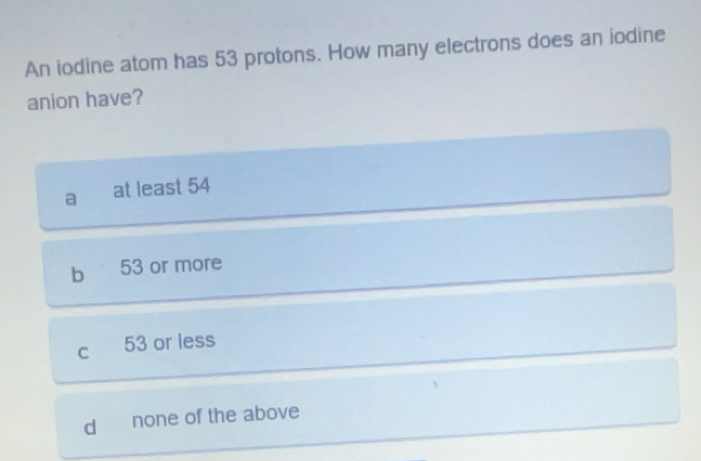 Solved: An iodine atom has 53 protons. How many electrons does an ...