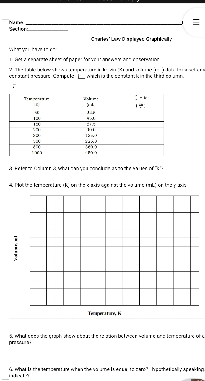 Name: _(
Section:_
Charles’ Law Displayed Graphically
What you have to do:
1. Get a separate sheet of paper for your answers and observation.
2. The table below shows temperature in kelvin (K) and volume (mL) data for a set am
constant pressure. Compute _I__ which is the constant k in the third column.
T
3. Refer to Column 3, what can you conclude as to the values of “k”?
_
_
4. Plot the temperature (K) on the x-axis against the volume (mL) on the y-axis
5. What does the graph show about the relation between volume and temperature of a
pressure?
_
_
6. What is the temperature when the volume is equal to zero? Hypothetically speaking,
_indicate?