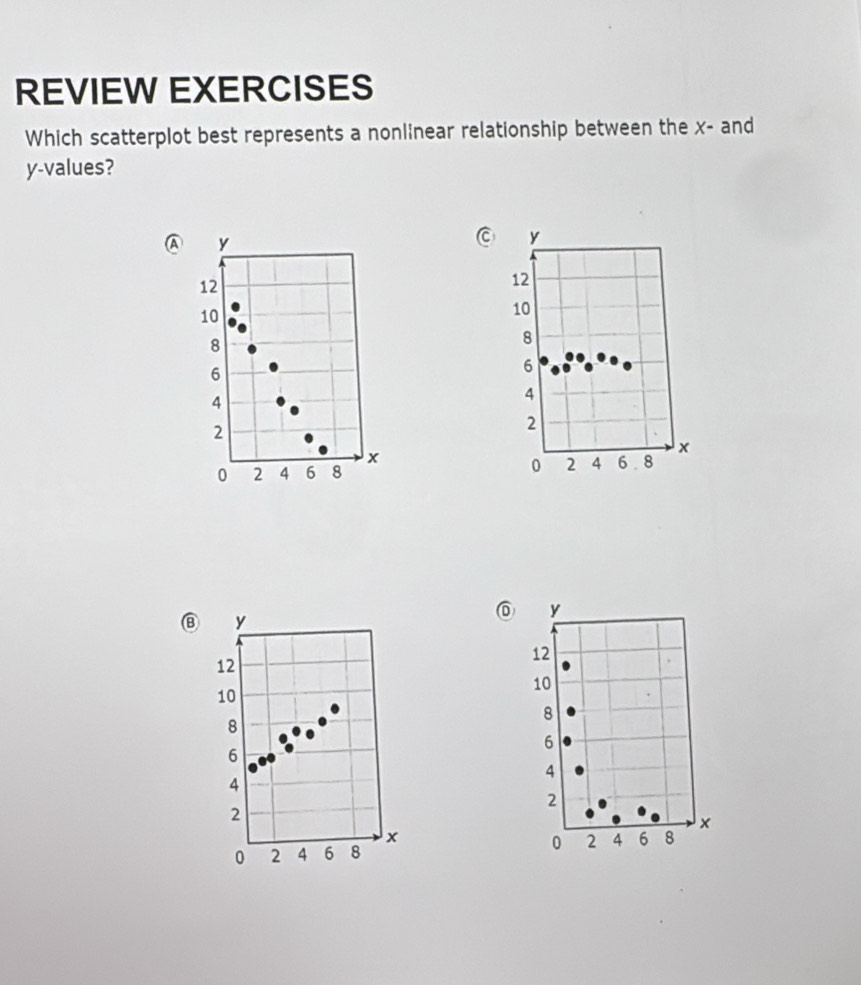 REVIEW EXERCISES 
Which scatterplot best represents a nonlinear relationship between the x - and
y -values? 
A y
C y
12
12
10
10
8
8
6
6
4
4
2
2
x
x
0 2 4 6 8 0 2 4 6 8
⑧ y
⑥
12
10
8
6
4
2
x
0 2 4 6 8