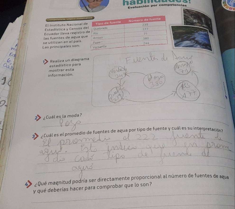 habmda 
Evaluación por competencias 
Competencia Lógico-mate 
El Instituto Nacional 
Estadística y Censos 
Ecuador lleva registr 
las fuentes de agua q 
se utilizan en el país. 
Las principales son: 
13 Realiza un diagram 
estadístico para 
mostrar esta 
información. 
; 

2 ¿Cuál es la moda? 
_ 
3 ¿Cuál es el promedio de fuentes de agua por tipo de fuente y cuál es su interpretación? 
_ 
_ 
_ 
47 ¿ Qué magnitud podría ser directamente proporcional al número de fuentes de agua 
_ 
y qué deberías hacer para comprobar que lo son? 
_