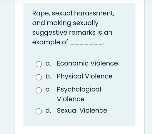 Solved: Rape, sexual harassment, and making sexually suggestive remarks ...