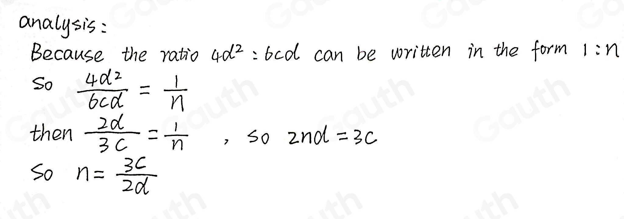Solved: The ratio 4d^2 : 6cd can be written in the form 1:n. Write an ...