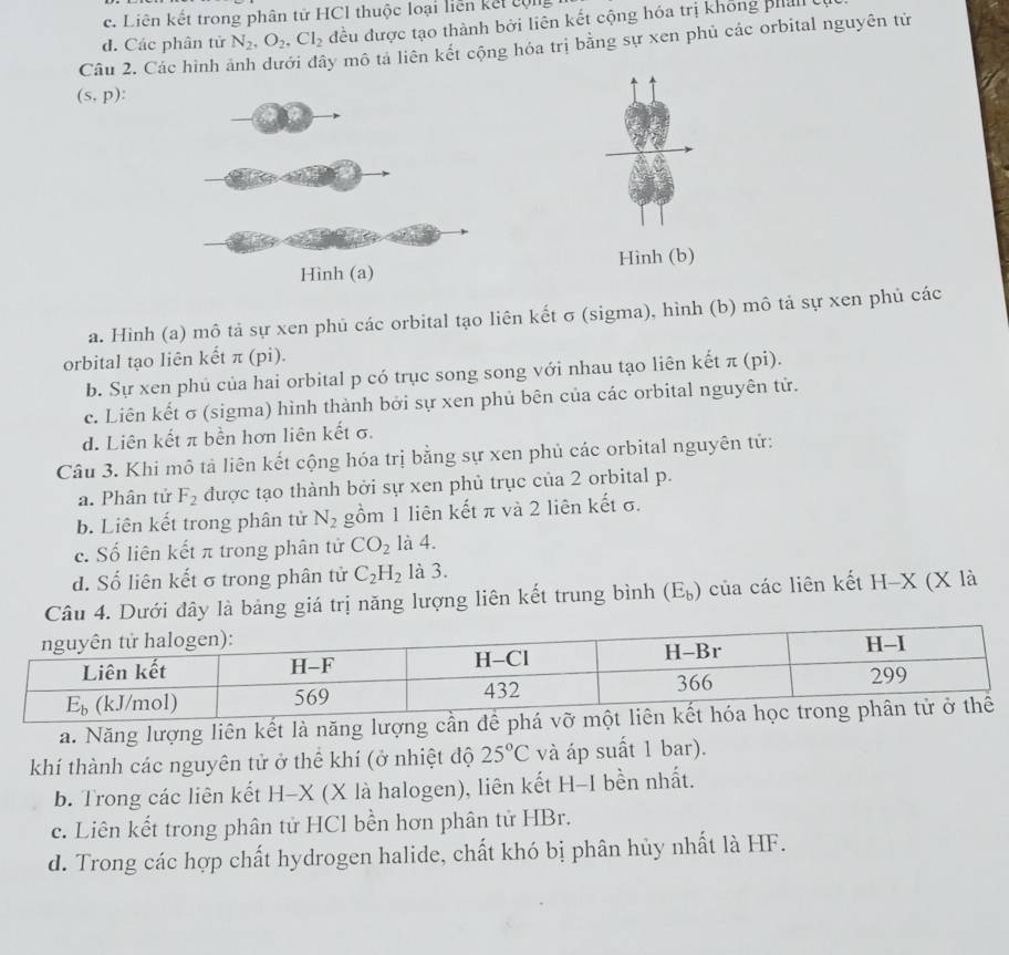 c. Liên kết trong phân tử HCl thuộc loại liên kết cộng
d. Các phân tử N_2,O_2,Cl_2 đều được tạo thành bởi liên kết cộng hóa trị khong phản 
Câu 2. Các hình y mô tả liên kết cộng hóa trị bằng sự xen phủ các orbital nguyên tử
(s,p).
Hình (b)
a. Hình (a) mô tả sự xen phủ các orbital tạo liên kết σ (sigma), hình (b) mô tả sự xen phủ các
orbital tạo liên kết π (pi).
b. Sự xen phủ của hai orbital p có trục song song với nhau tạo liên kết π (pi).
c. Liên kết σ (sigma) hình thành bởi sự xen phủ bên của các orbital nguyên tử.
d. Liên kết π bền hơn liên kết σ.
Câu 3. Khi mô tả liên kết cộng hóa trị bằng sự xen phủ các orbital nguyên tử:
a. Phân tử F_2 được tạo thành bởi sự xen phủ trục của 2 orbital p.
b. Liên kết trong phân tử N_2 gồm 1 liên kết π và 2 liên kết σ.
c. Số liên kết π trong phân tử CO_2 là 4.
d. Số liên kết σ trong phân tử C_2H_2 là 3.
Câu 4. Dưới đây là bảng giá trị năng lượng liên kết trung bình ( E_b) của các liên kết H-X (X là
a. Năng lượng liên kết là năng lượng cần để phá v
khí thành các nguyên tử ở thể khí (ở nhiệt độ 25°C và áp suất 1 bar).
b. Trong các liên kết H-X (X là halogen), liên kết H-I bền nhất.
c. Liên kết trong phân tử HCl bền hơn phân tử HBr.
d. Trong các hợp chất hydrogen halide, chất khó bị phân hủy nhất là HF.