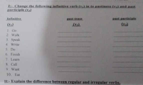 I:- Change the following infinitive verb (v_1) in to pastiness (v,) and past 
participle (v_3)
Infinitive past tense past participle
(v_1)
(v_2)
(y_3)
1. Go 
__ 
_ 
2. Walk 
_ 
3. Speak 
_ 
_ 
_ 
_ 
4. Write 
__ 
5. Do 
_ 
_ 
6. Finish 
_ 
_ 
7. Learn 
_ 
_ 
8. Call 
_ 
_ 
9 Want 
10. Eat 
II:- Explain the difference between regular and irregular verbs.